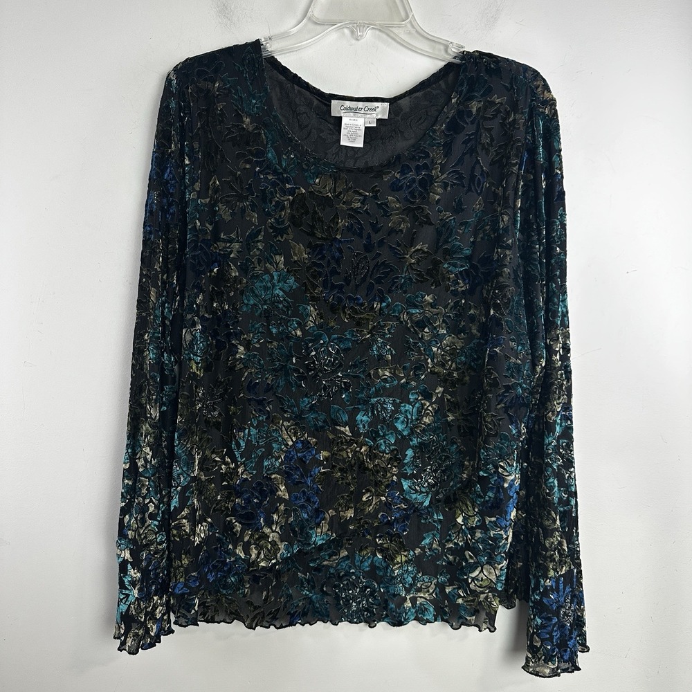 Coldwater Creek Blue Green Velvet Burnout Semi Sheer Top Layered Sz L Whimsigoth